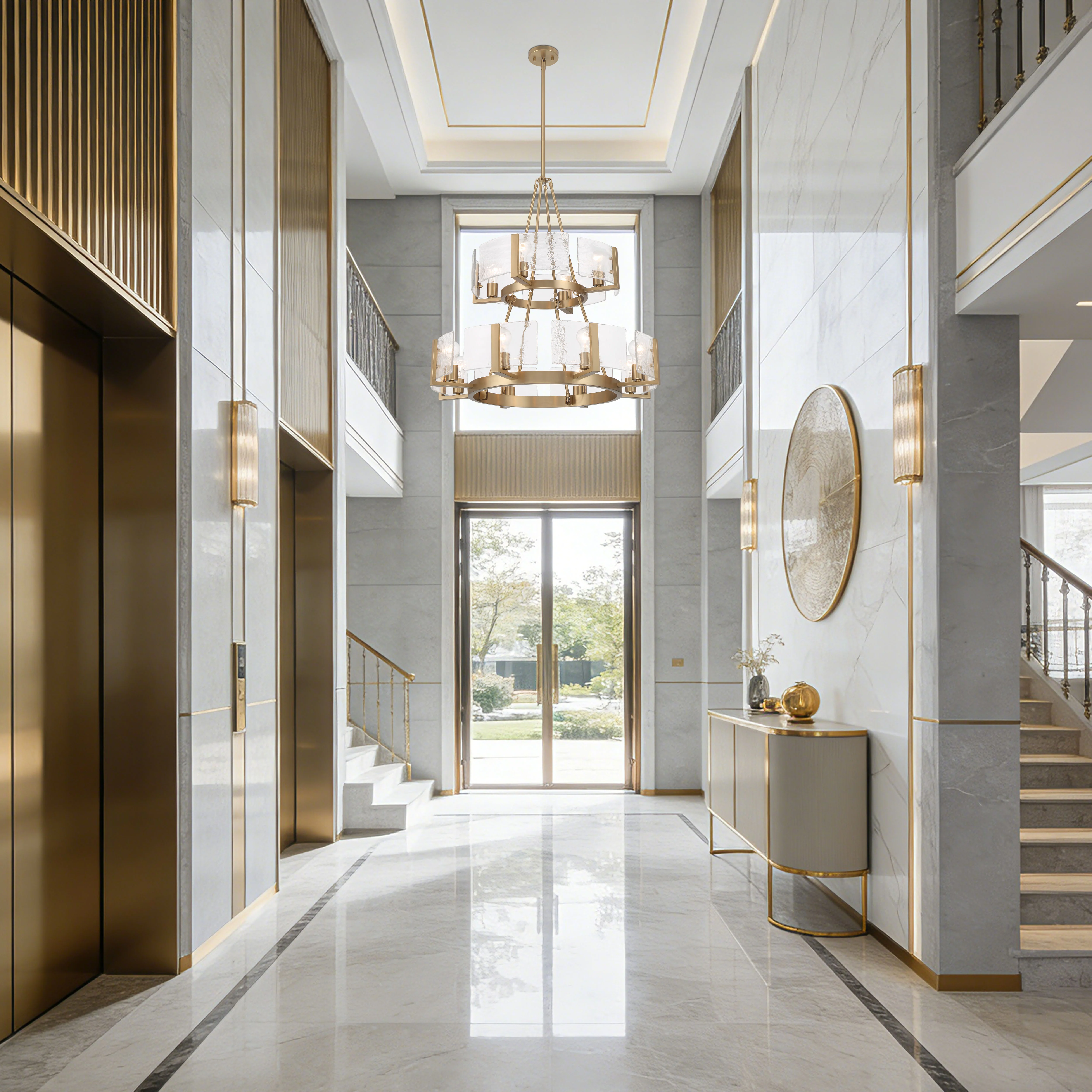 Aenon 12-light 2-tier Chandelier (4+8) in Brushed Champagne Brass with Hammered Water Glass - Image 7
