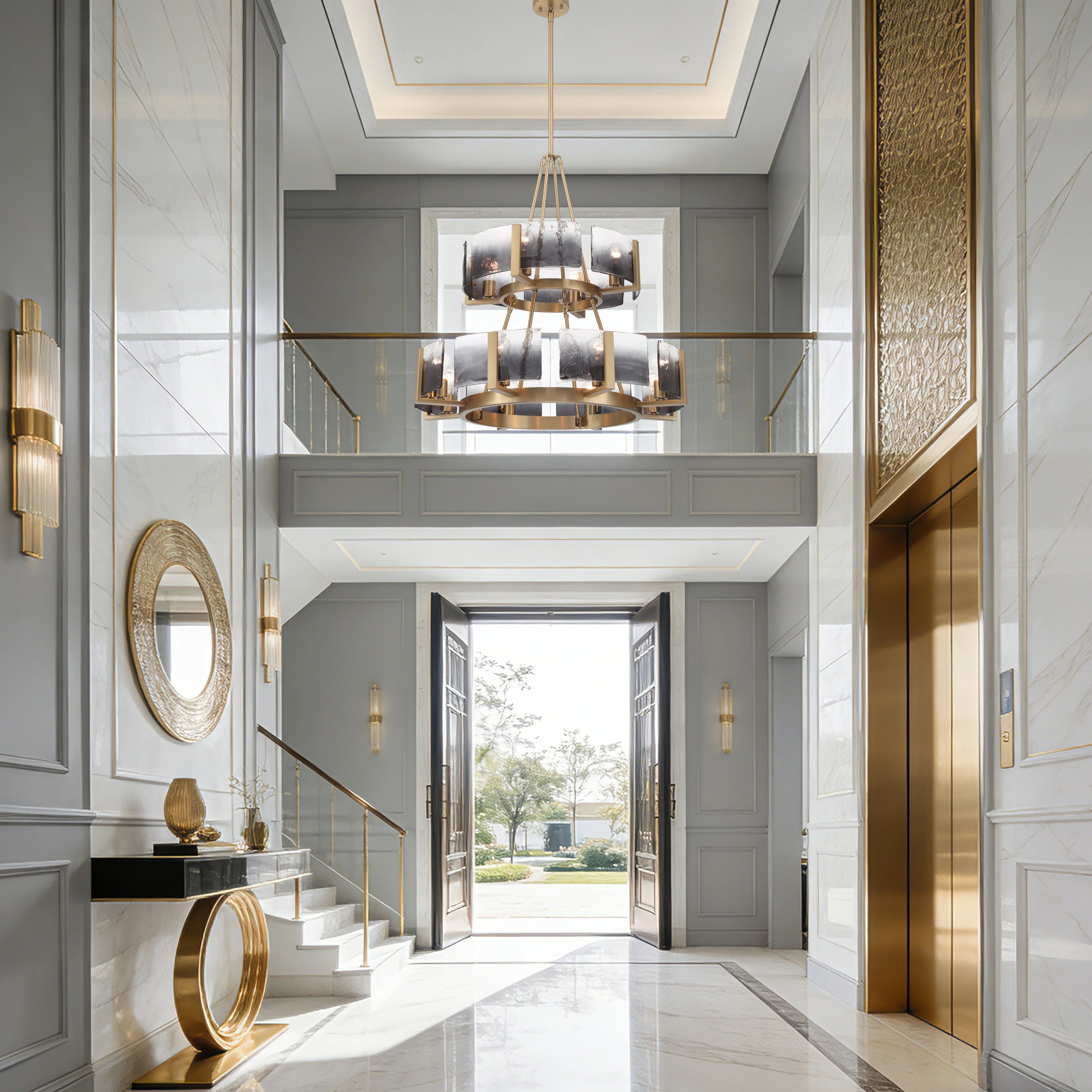 Aenon 12-light 2-tier Chandelier (4+8) in Brushed Champagne Brass with Smokey Water Glass - Image 9