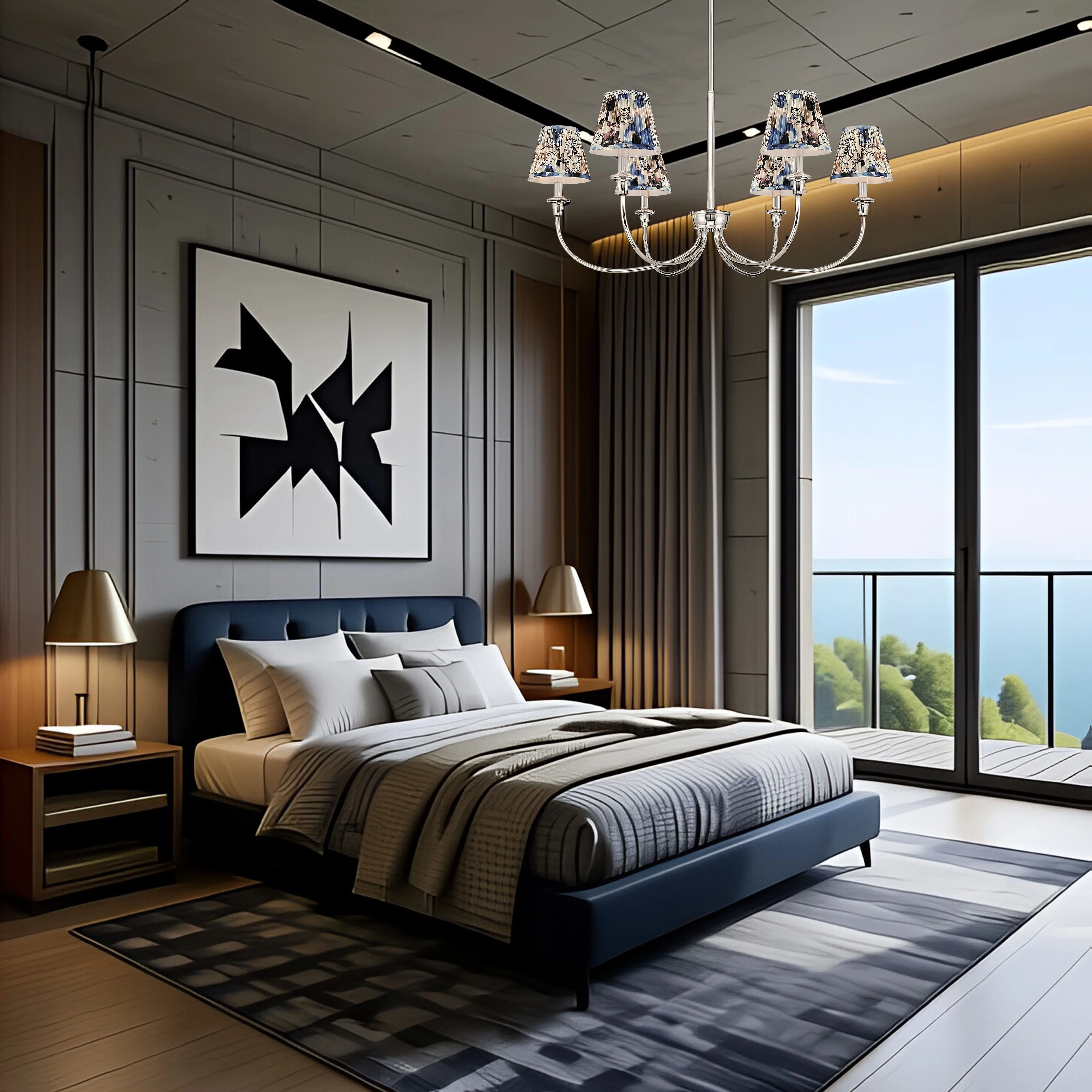 Cambria 6-light Chandelier in Polished Nickel & Blue Poppy Shades - Image 8