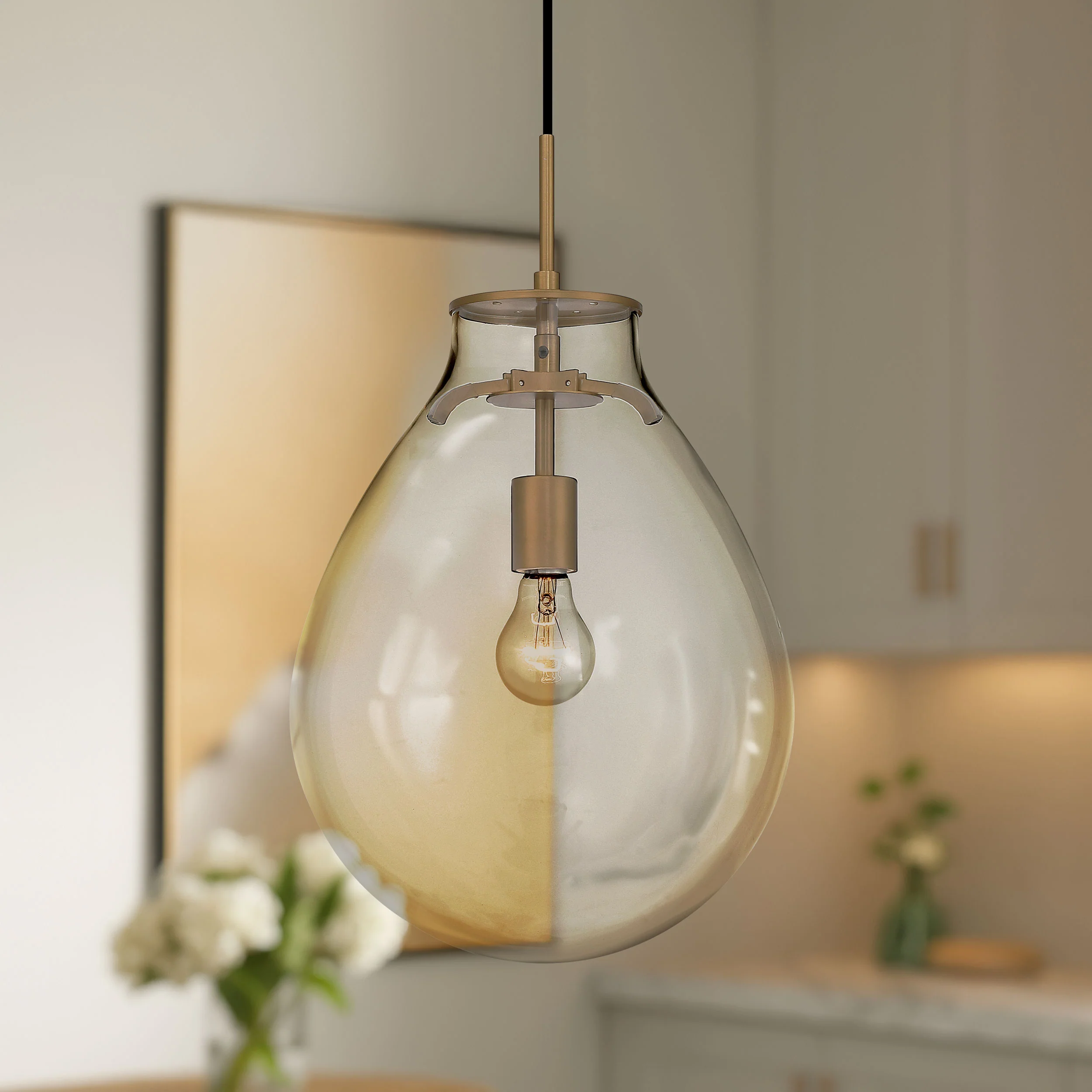 Drop 1-light Pendant in Brushed Champagne Brass and Clear Glass - Image 4