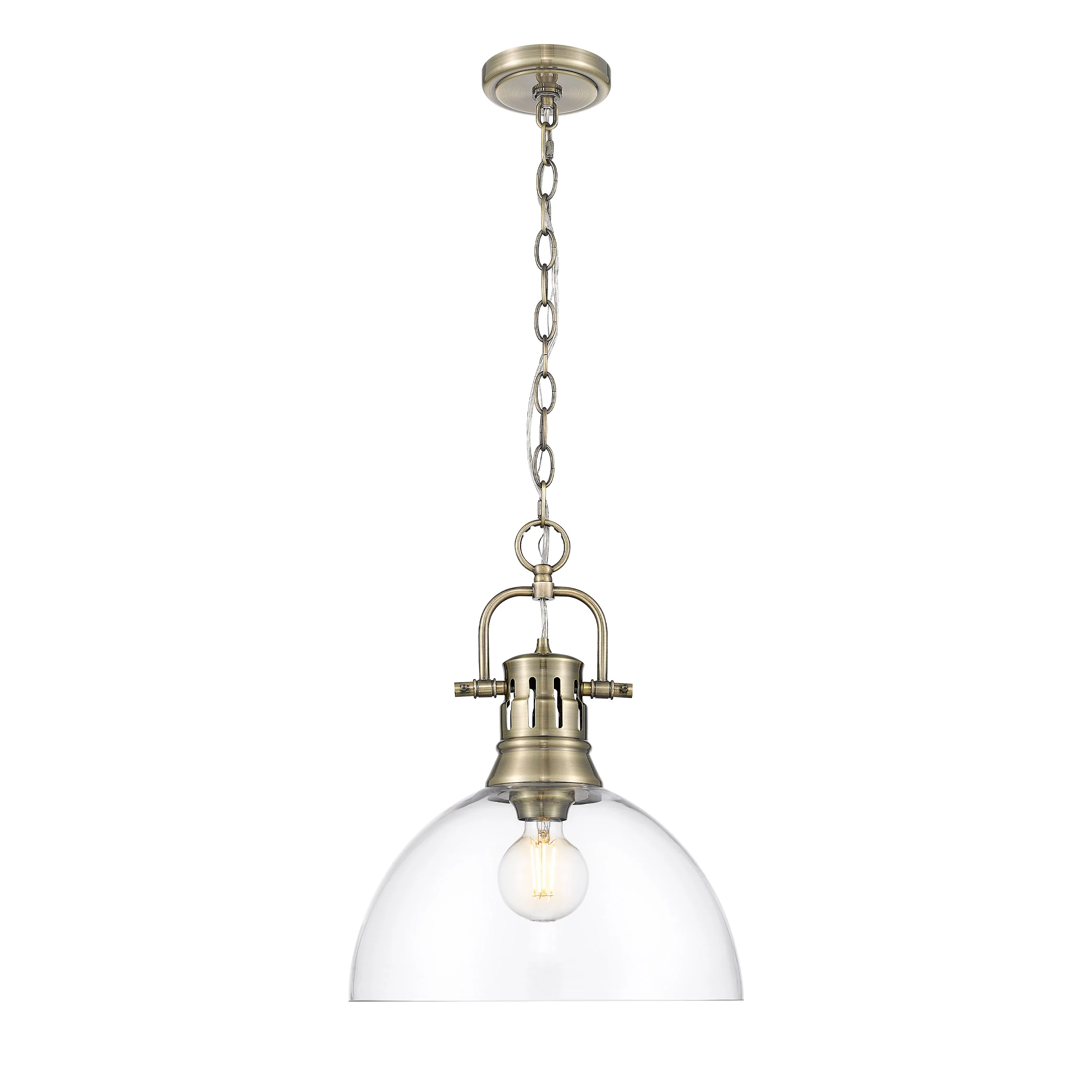 Duncan 1-light 14in chain hung Pendant in Aged Brass and Clear Glass - Image 3