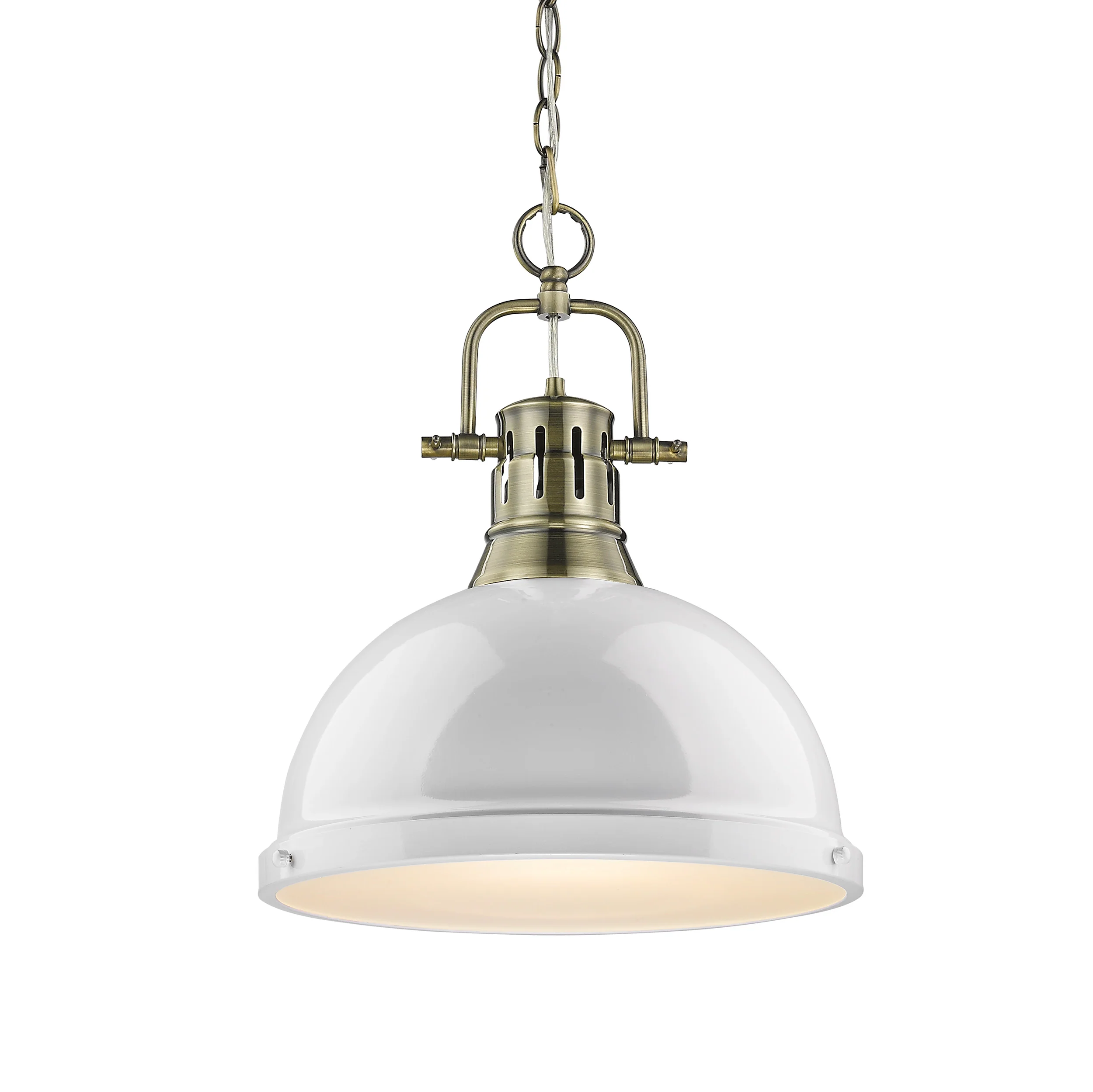 Duncan 1-light 14in Chain Hung Pendant in Aged Brass and White shade