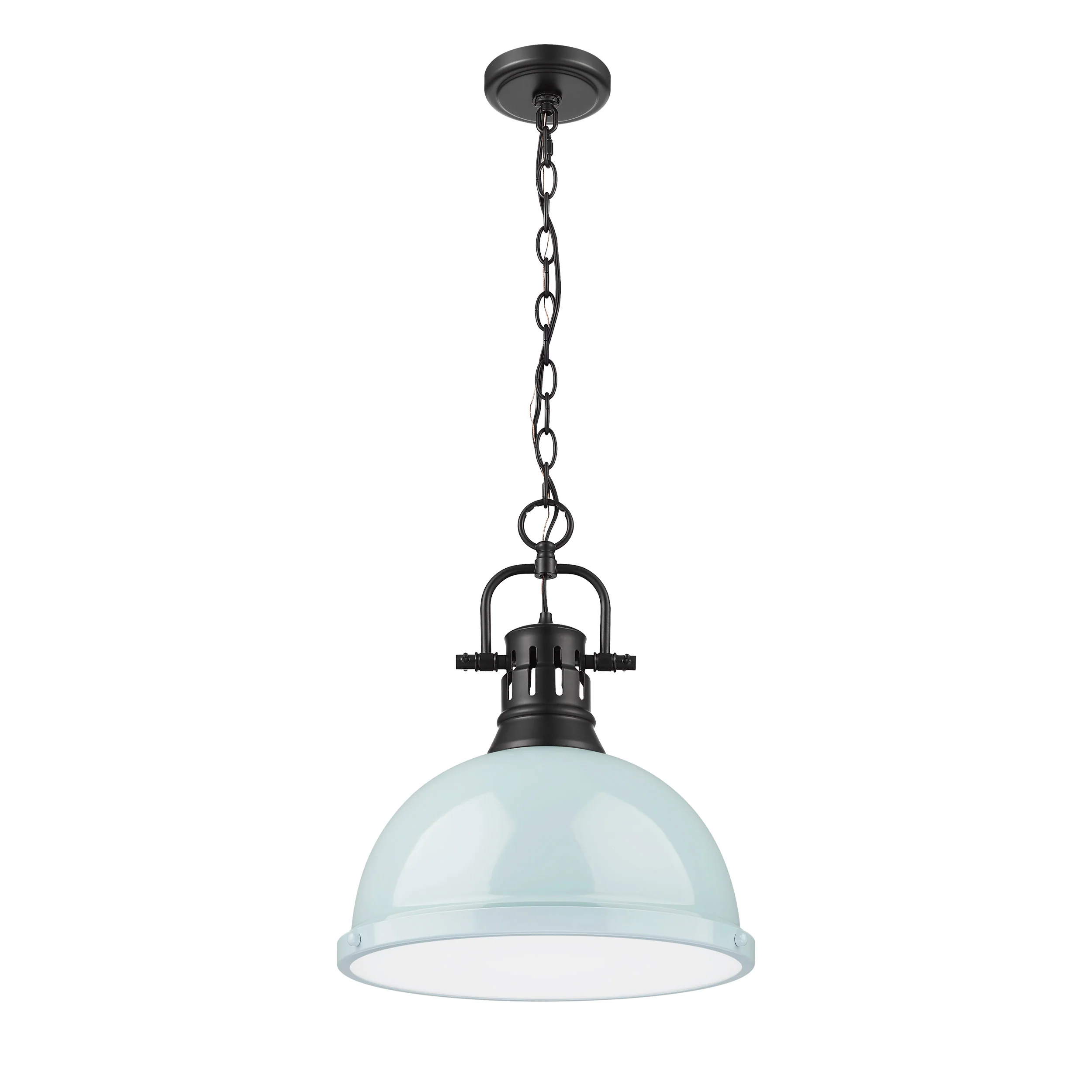 Duncan 1-light 14in Chain Hung Pendant in Matte Black and Seafoam shade - Image 3