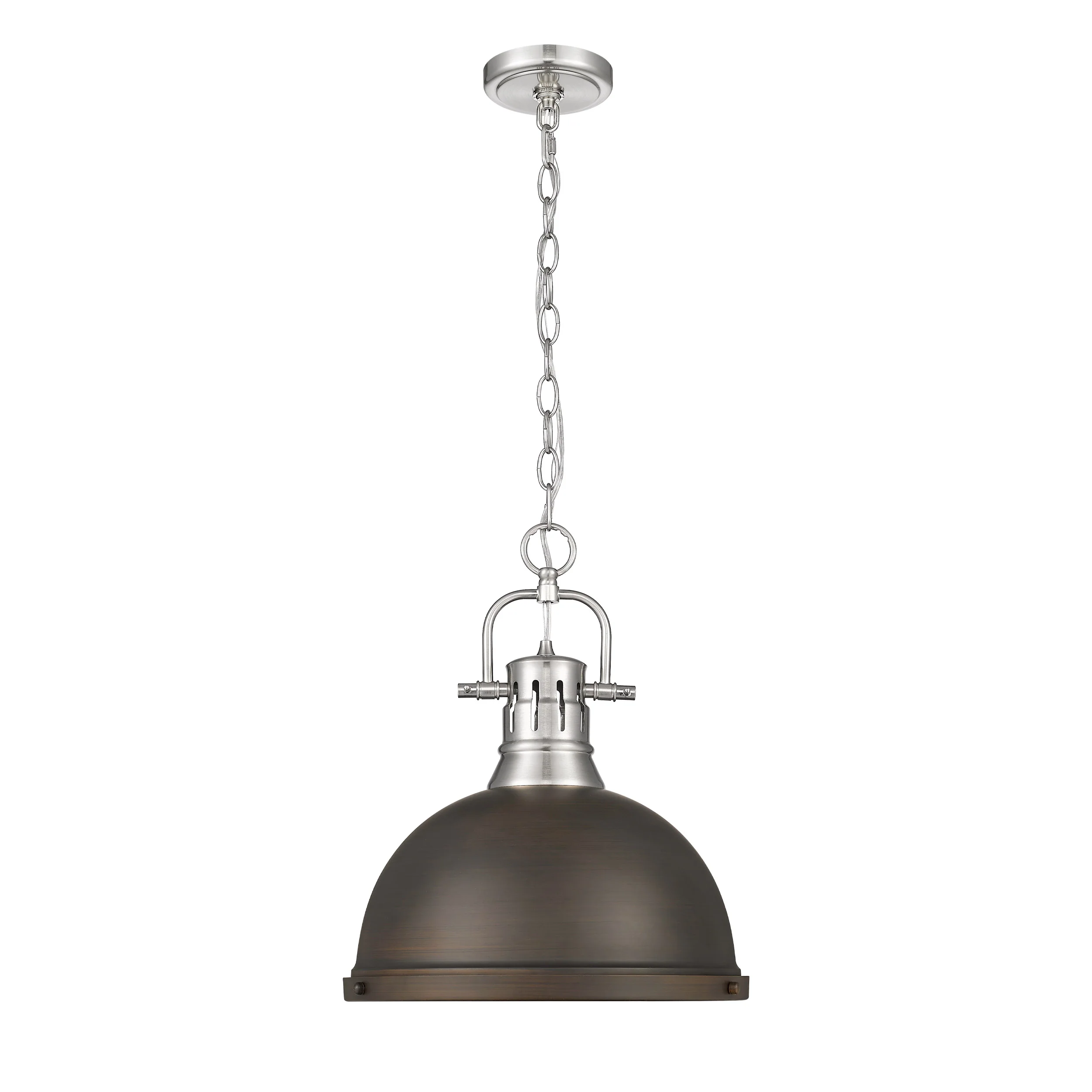 Duncan 1-light 14in Chain Hung Pendant in Pewter and Rubbed Bronze shade - Image 4