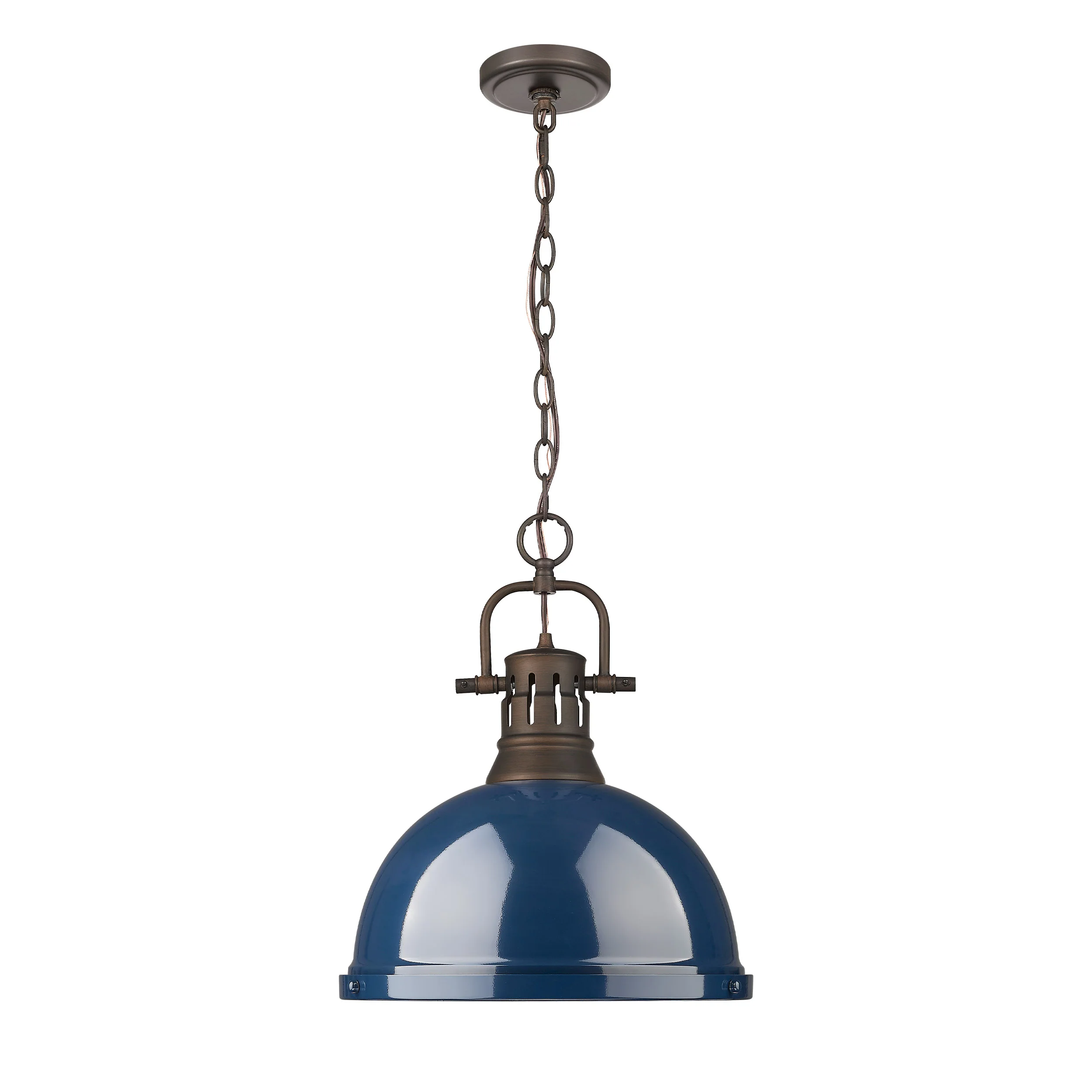 Duncan 1-light 14in Chain Hung Pendant in Rubbed Bronze and Navy Blue shade - Image 3
