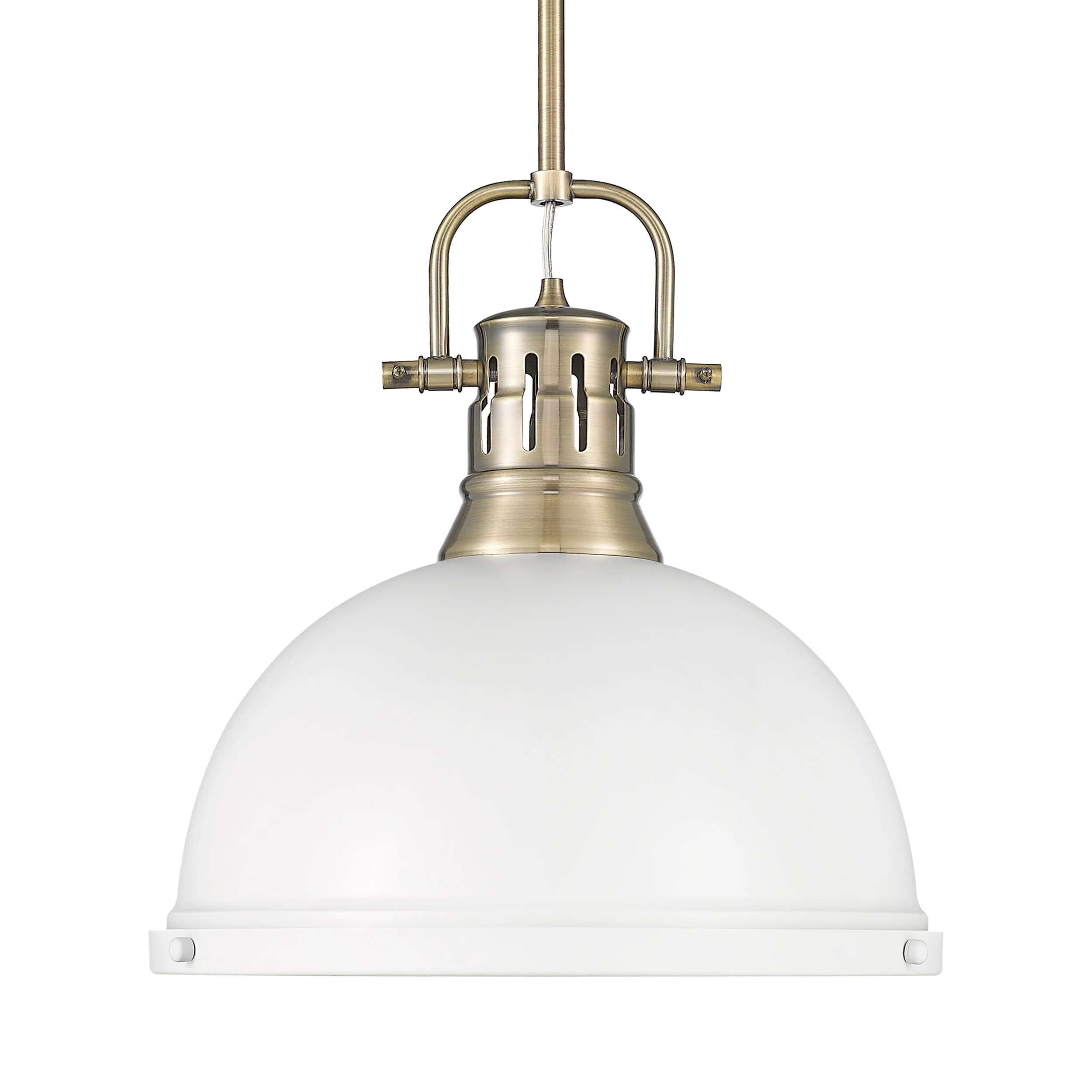 Duncan 1-light 14in Rod Hung Pendant in Aged Brass and Matte White shade