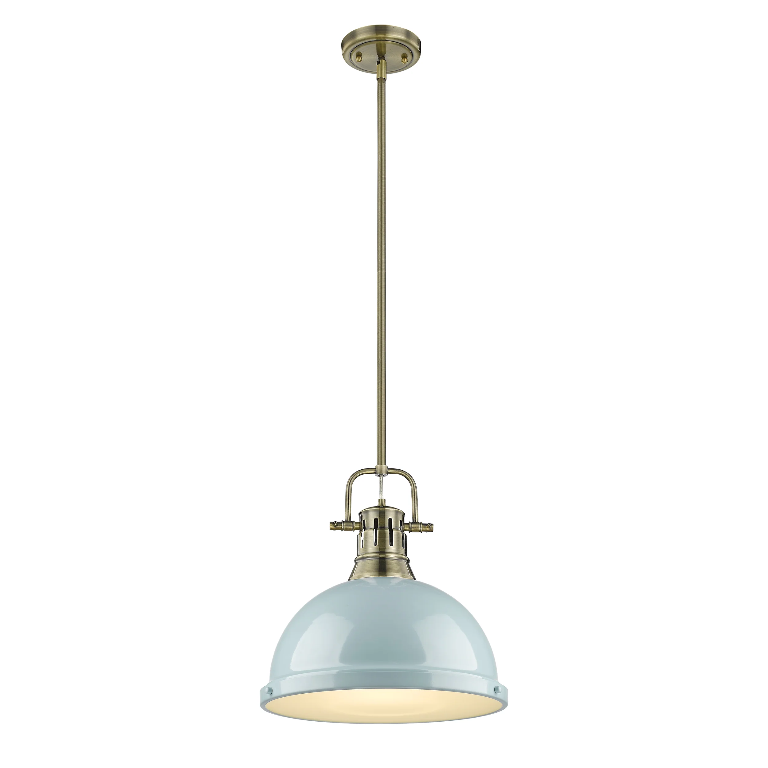 Duncan 1-light 14in Rod Hung Pendant in Aged Brass and Seafoam shade - Image 2