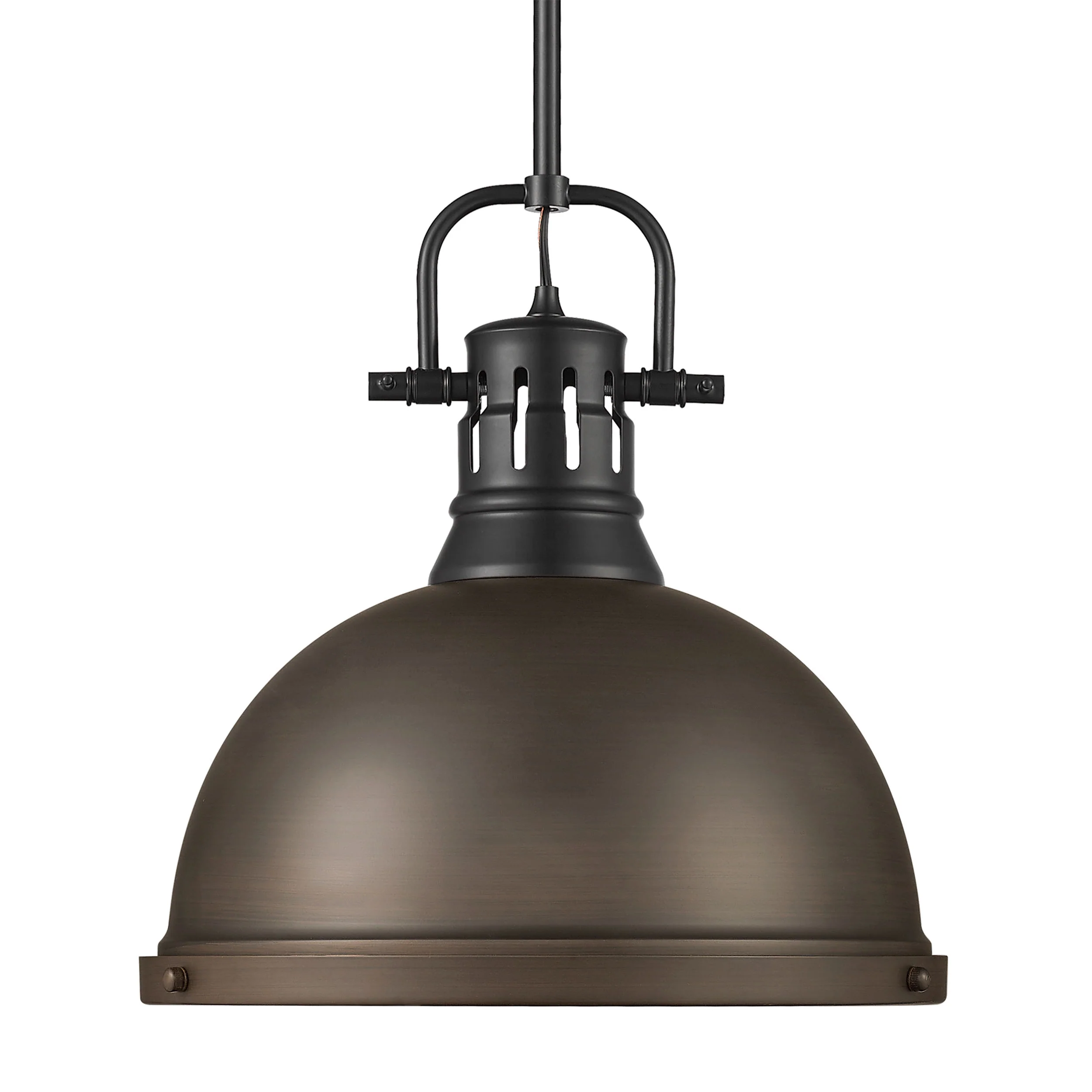 Duncan 1-light 14in Rod Hung Pendant in Matte Black and Rubbed Bronze shade