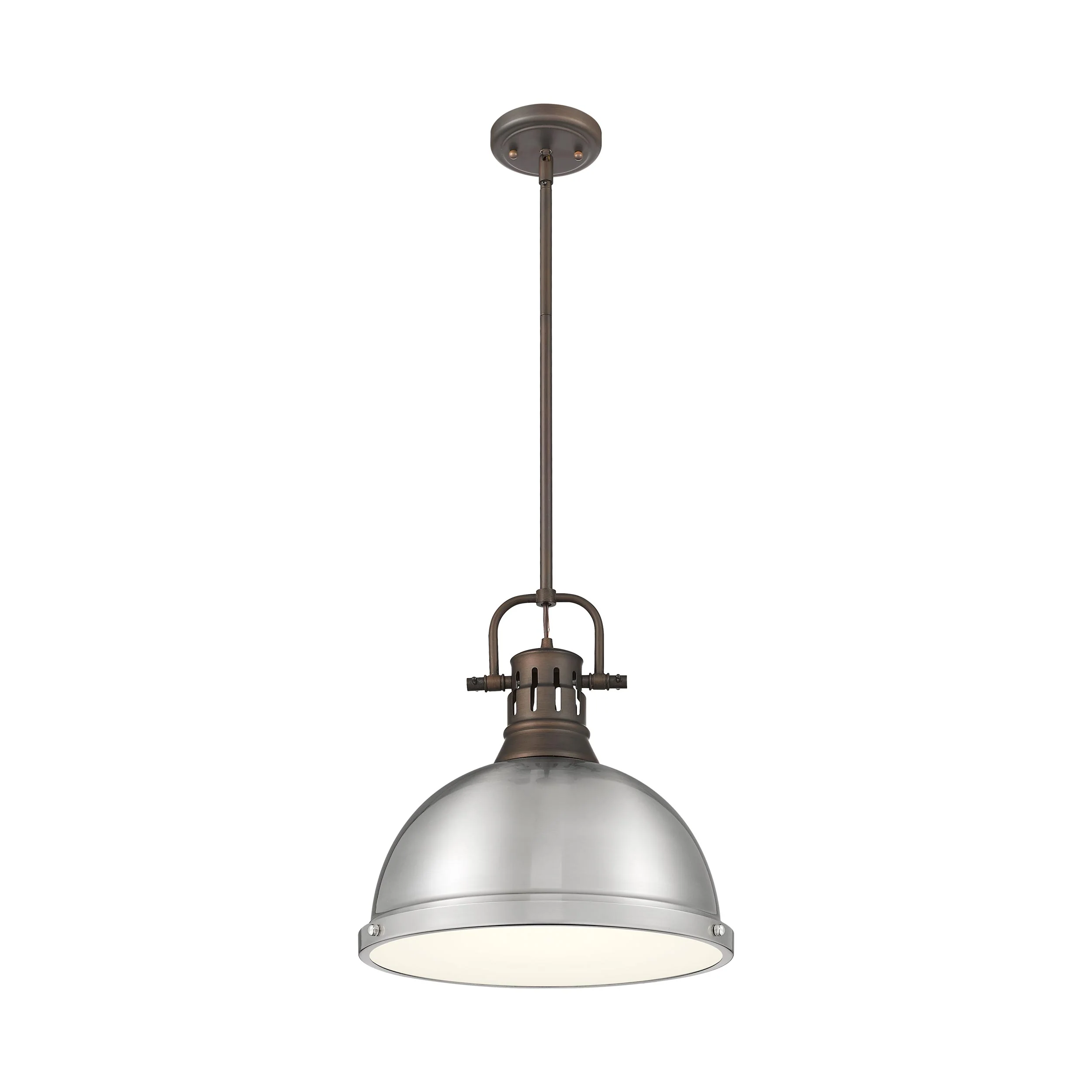 Duncan 1-light 14in Rod Hung Pendant in Rubbed Bronze and Pewter shade
