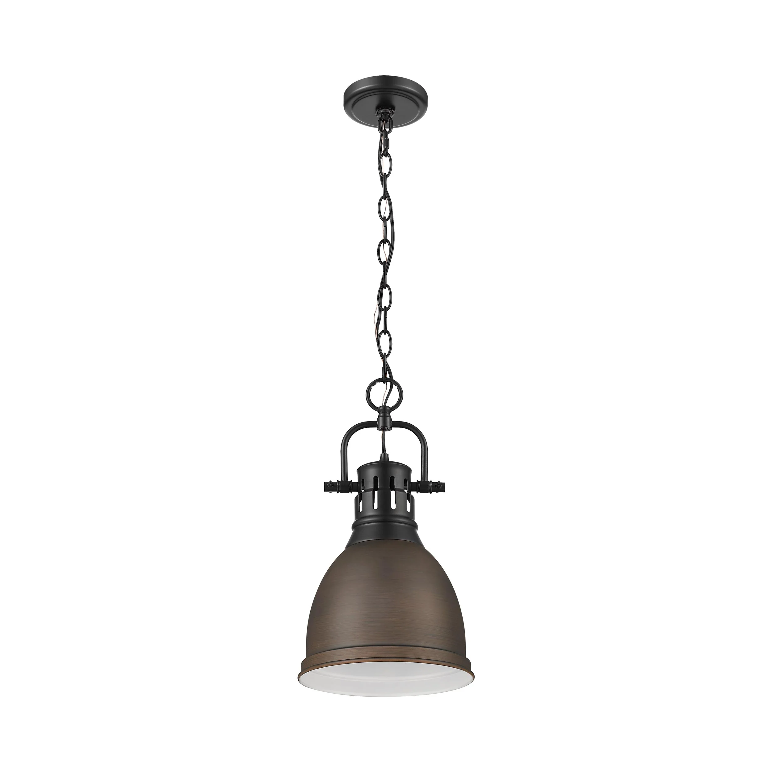 Duncan 1-light 9in Chain Hung Pendant in Matte Black and Rubbed Bronze shade - Image 2