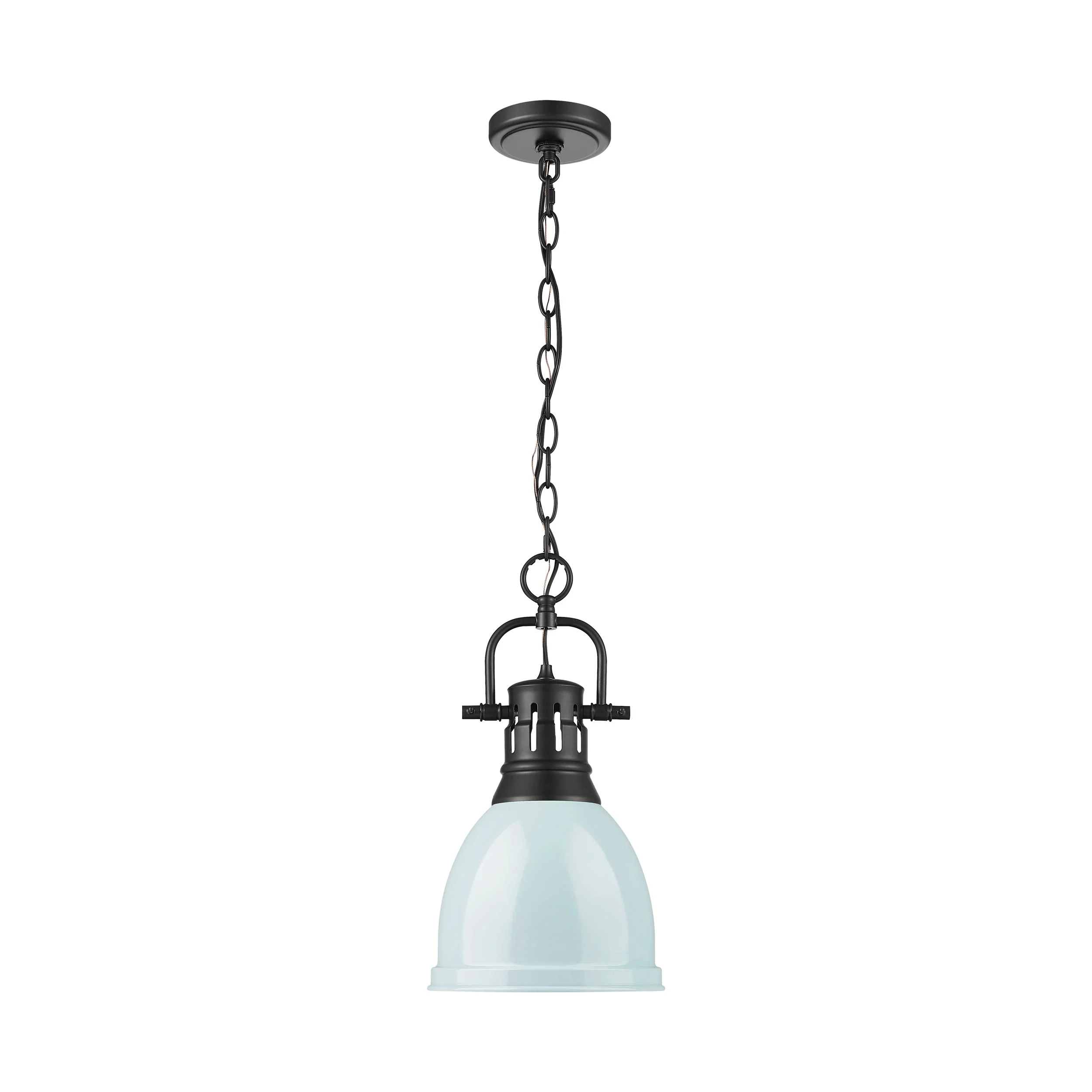 Duncan 1-light 9in Chain Hung Pendant in Matte Black and Seafoam shade - Image 4