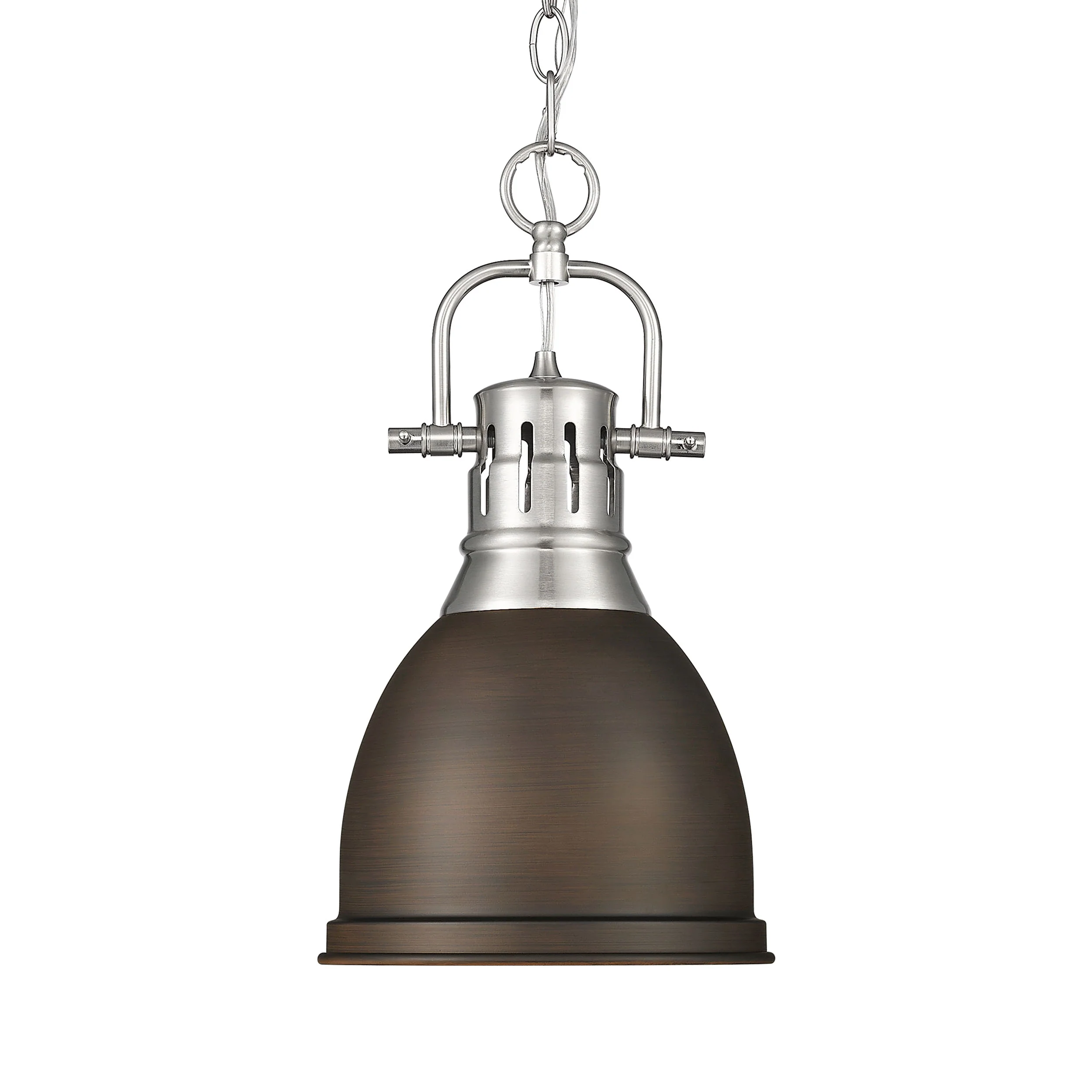 Duncan 1-light 9in Chain Hung Pendant in Pewter and Rubbed Bronze shade