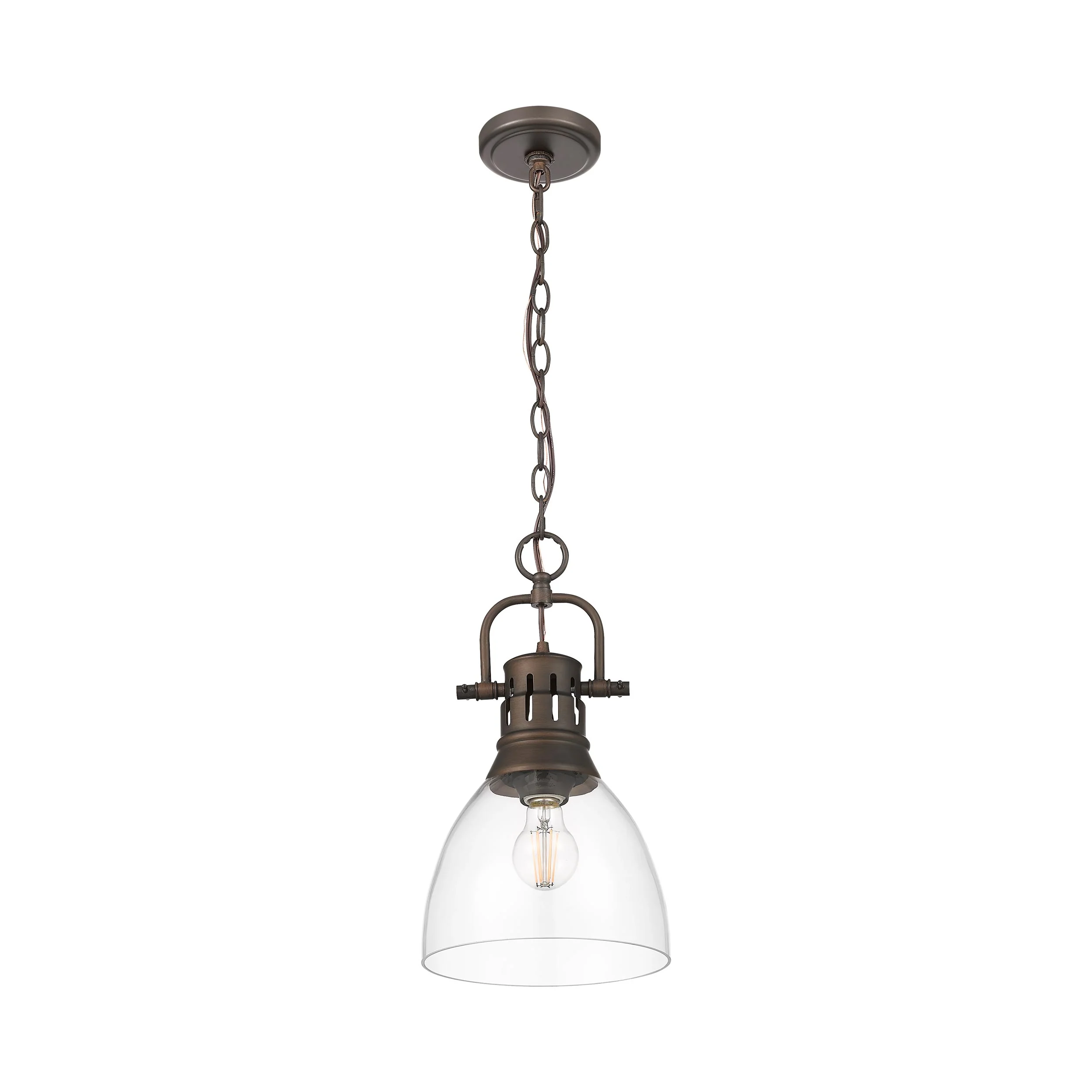 Duncan 1-light 9in chain hung Pendant in Rubbed Bronze and Clear Glass - Image 3