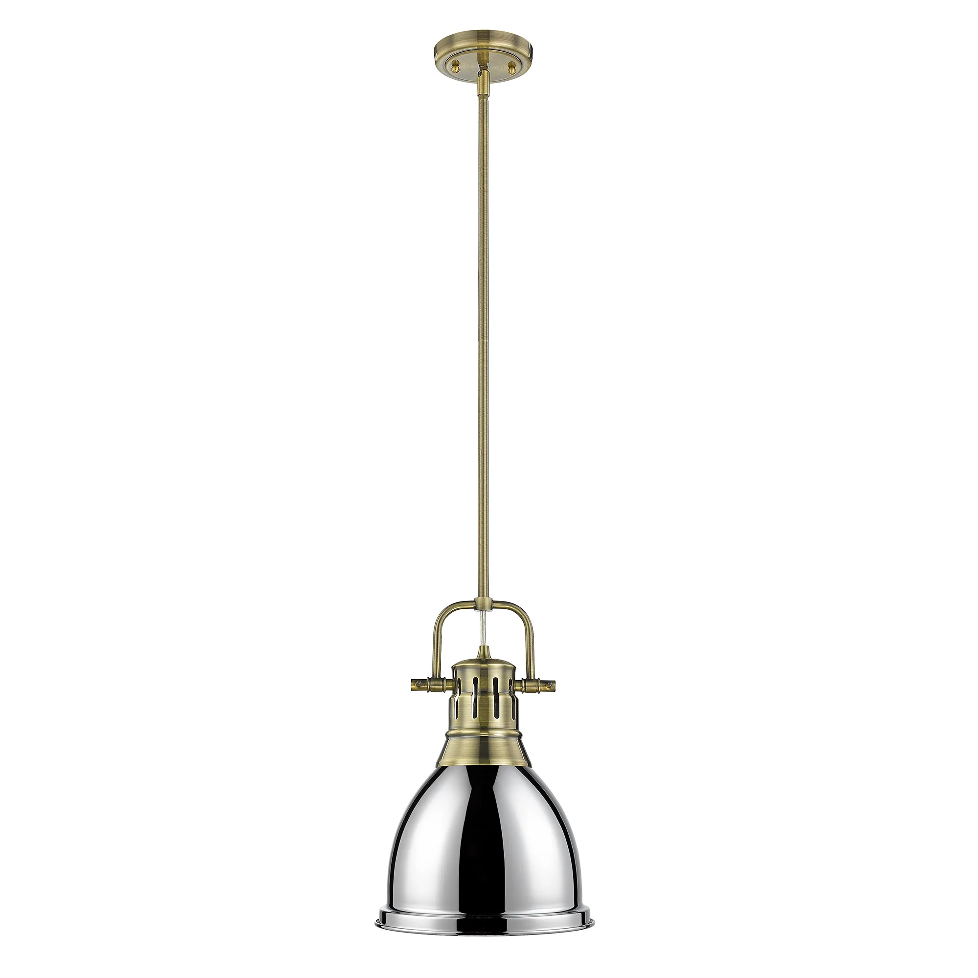 Duncan 1-light 9in Rod Hung Pendant in Aged Brass and Chrome shade - Image 2