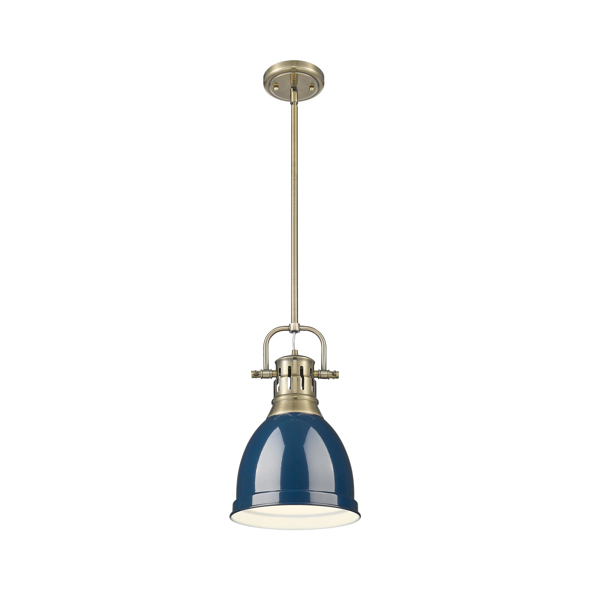 Duncan 1-light 9in Rod Hung Pendant in Aged Brass and Navy Blue shade - Image 3