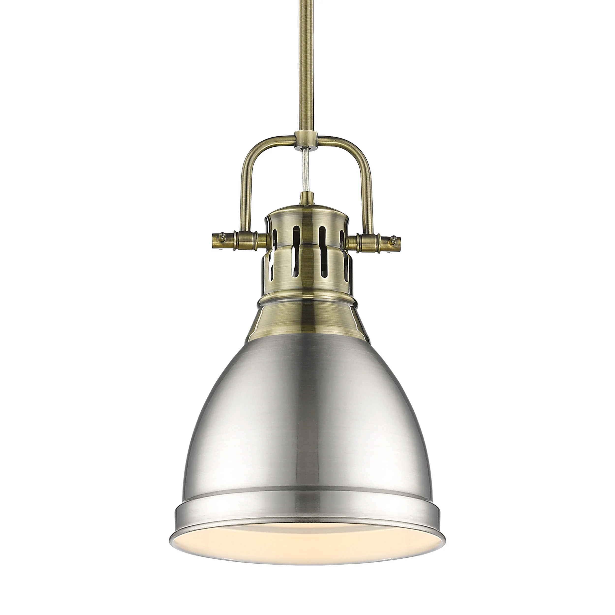 Duncan 1-light 9in Rod Hung Pendant in Aged Brass and Pewter shade