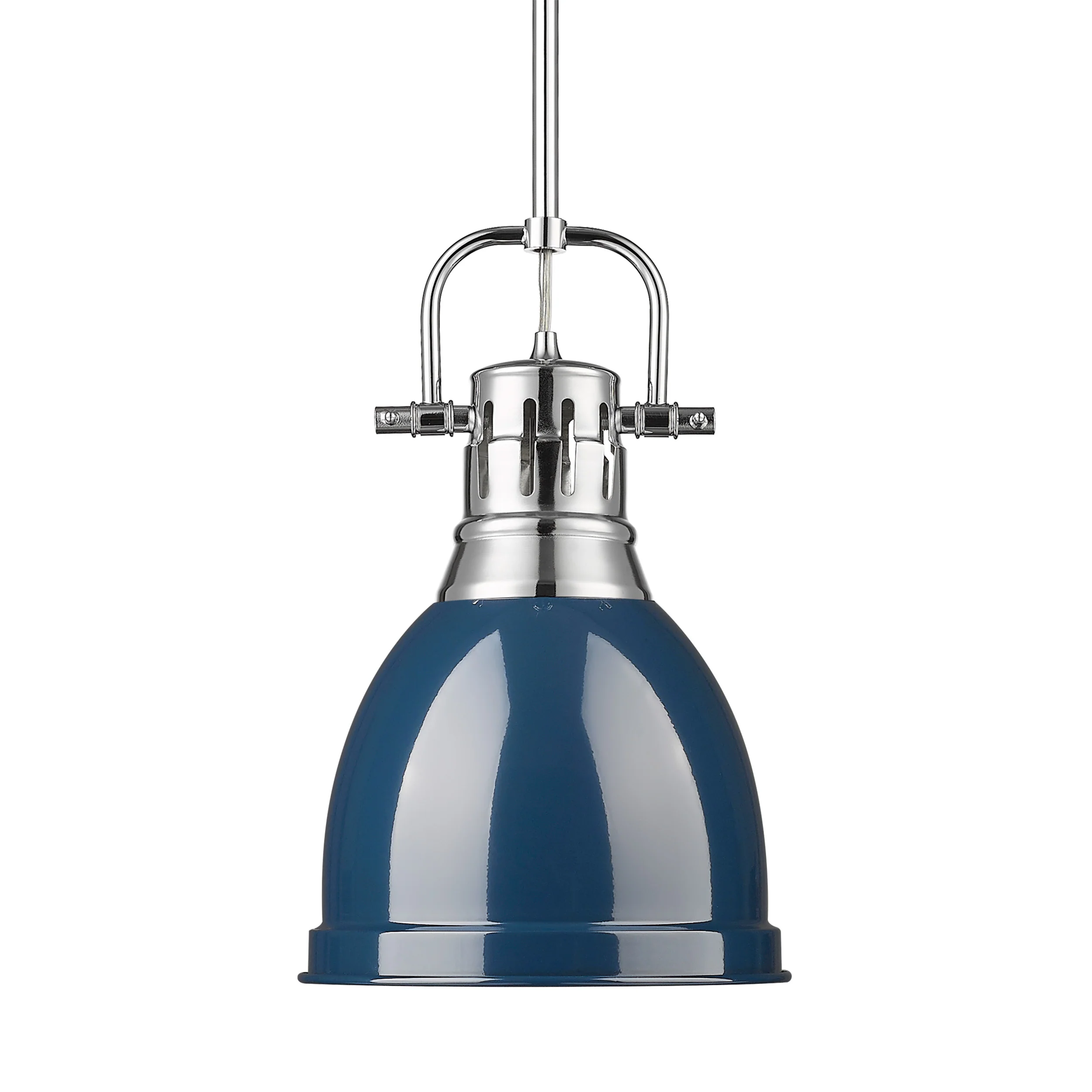 Duncan 1-light 9in Rod Hung Pendant in Chrome and Navy Blue shade