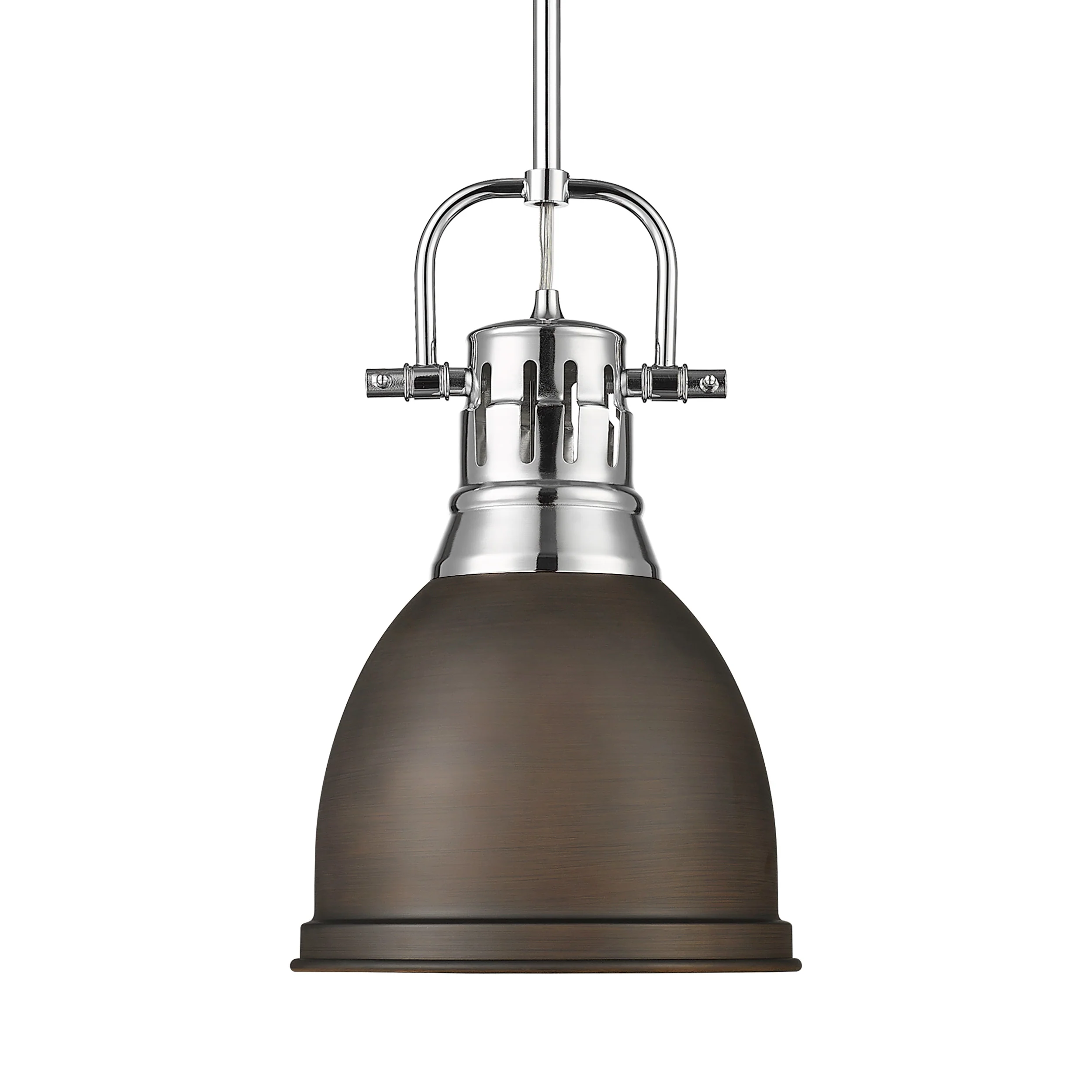 Duncan 1-light 9in Rod Hung Pendant in Chrome and Rubbed Bronze shade