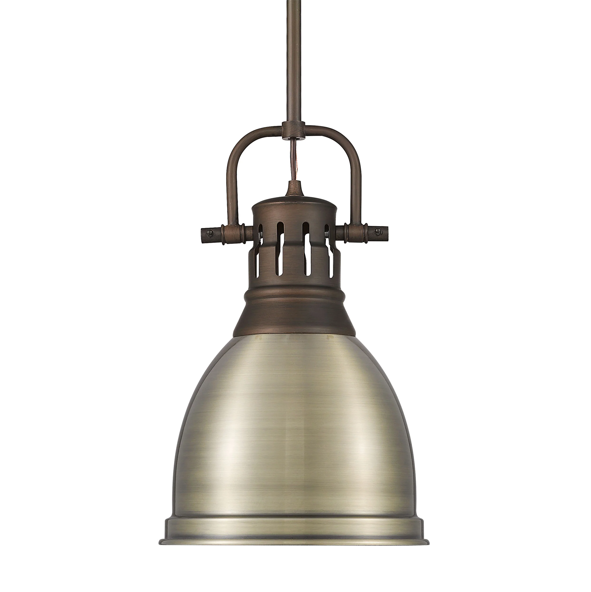 Duncan 1-light 9in Rod Hung Pendant in Rubbed Bronze and Aged Brass shade