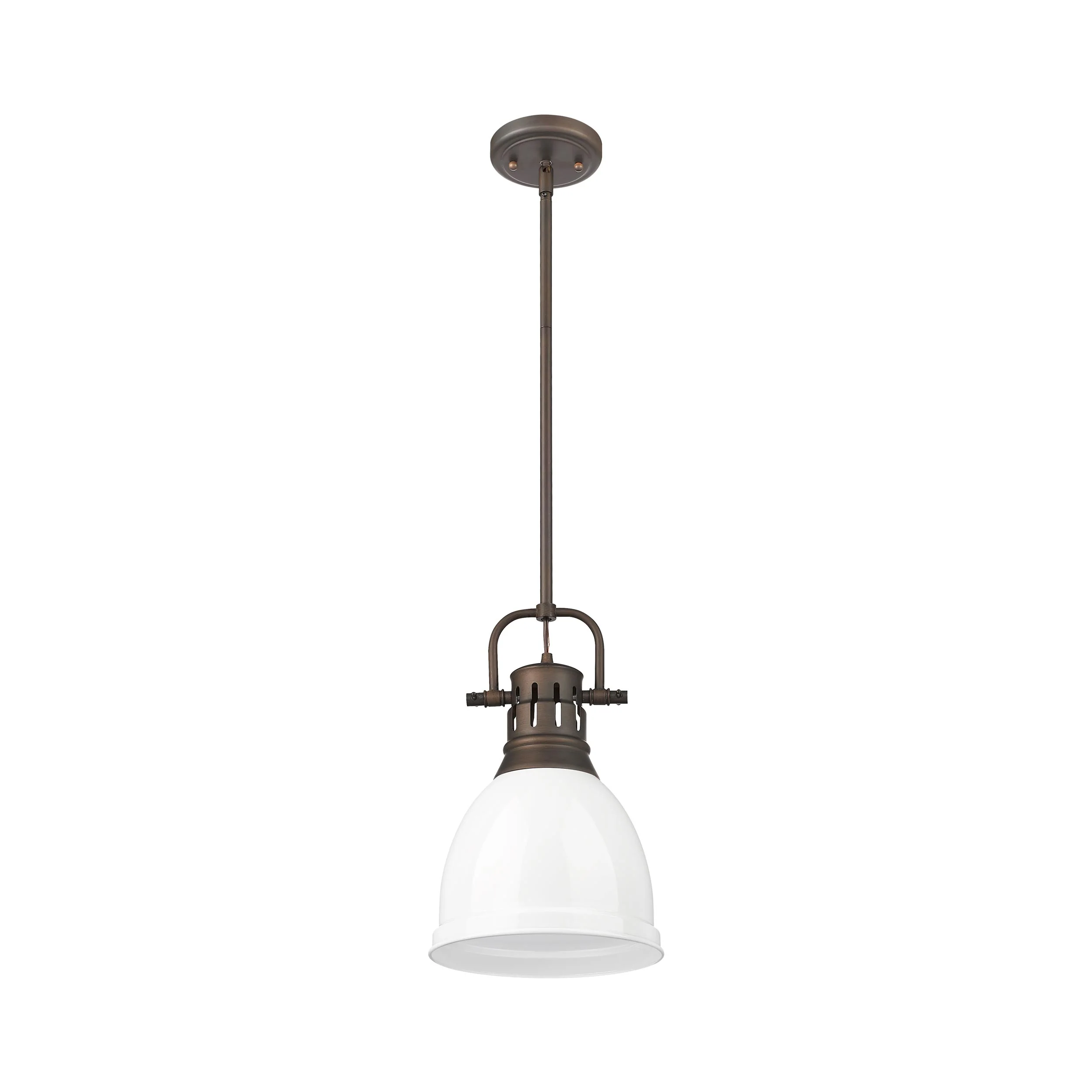 Duncan 1-light 9in Rod Hung Pendant in Rubbed Bronze and White shade - Image 3
