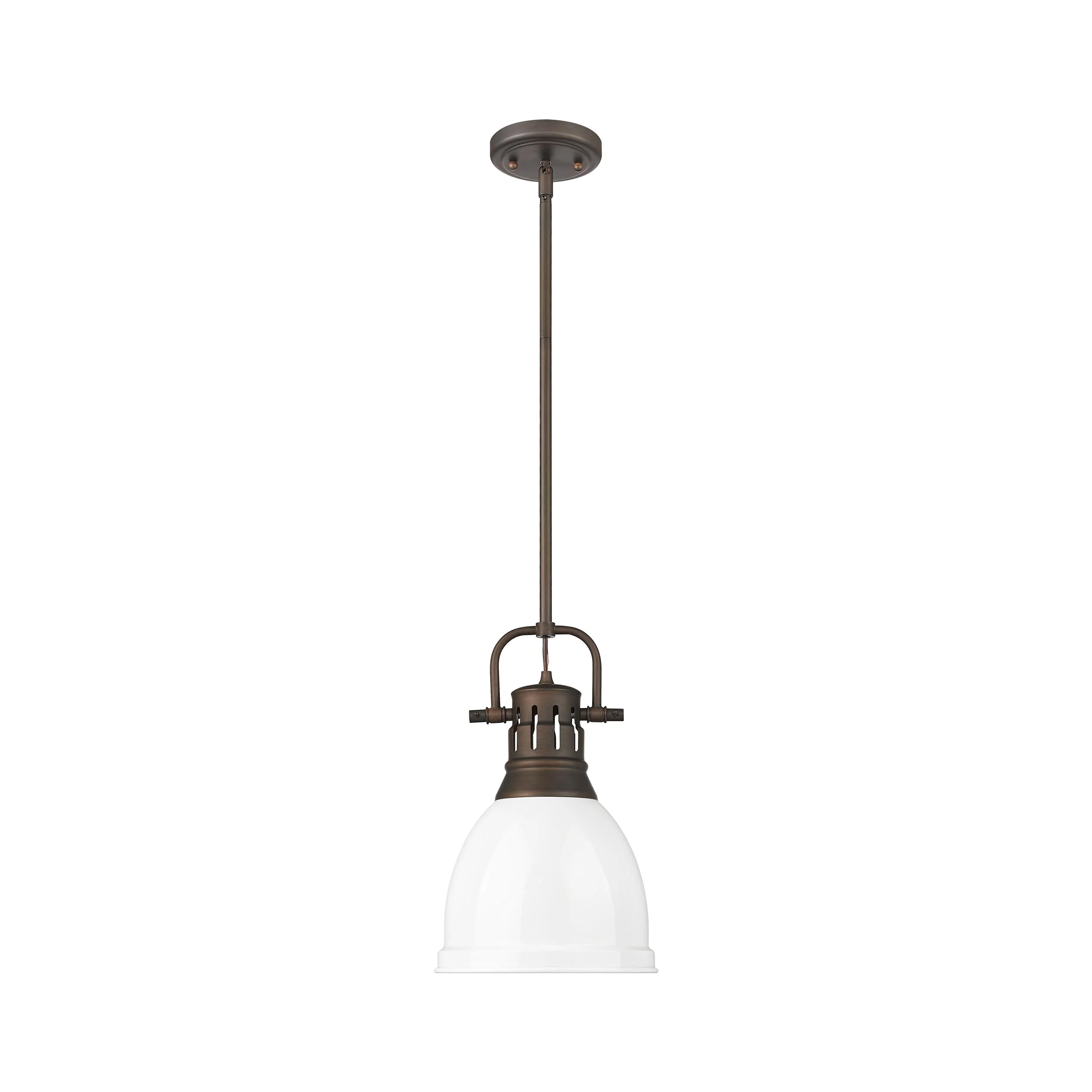 Duncan 1-light 9in Rod Hung Pendant in Rubbed Bronze and White shade - Image 4