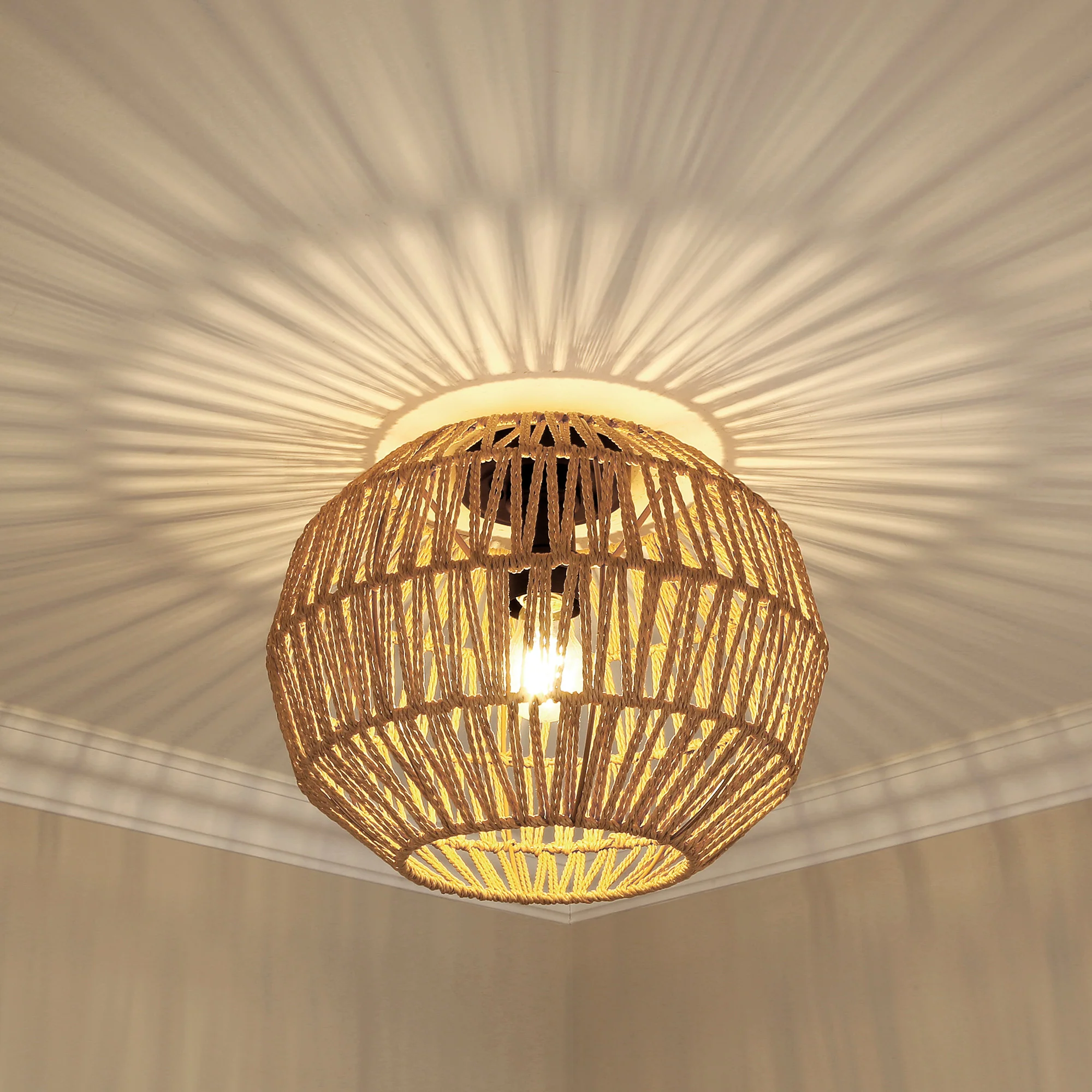 Florence 1-light Flush Mount in Matte Black and Natural Raphia Rope Shade - Image 4