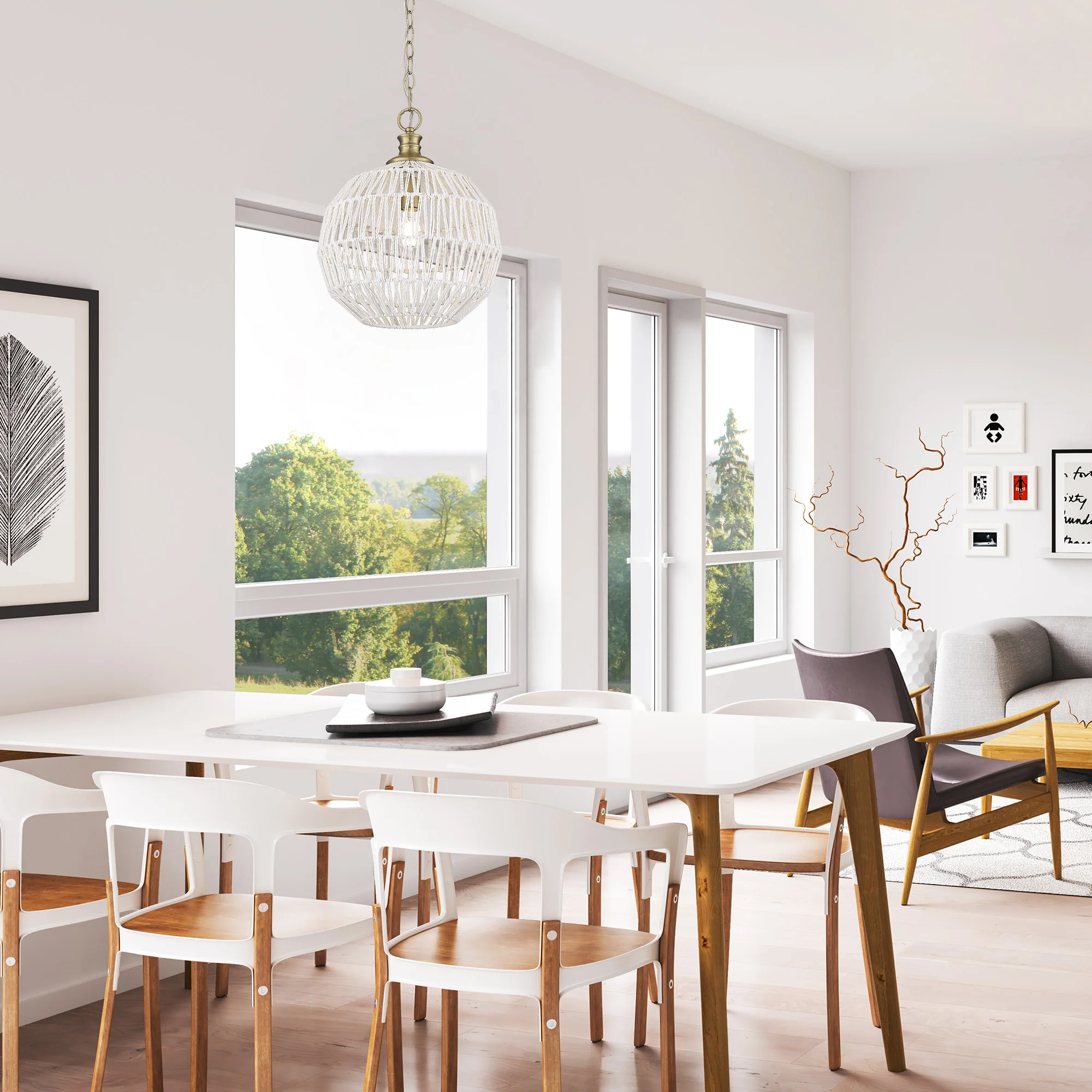 Florence 1-light Pendant in Brushed Champagne Brass and White Raphia Shade - Image 7