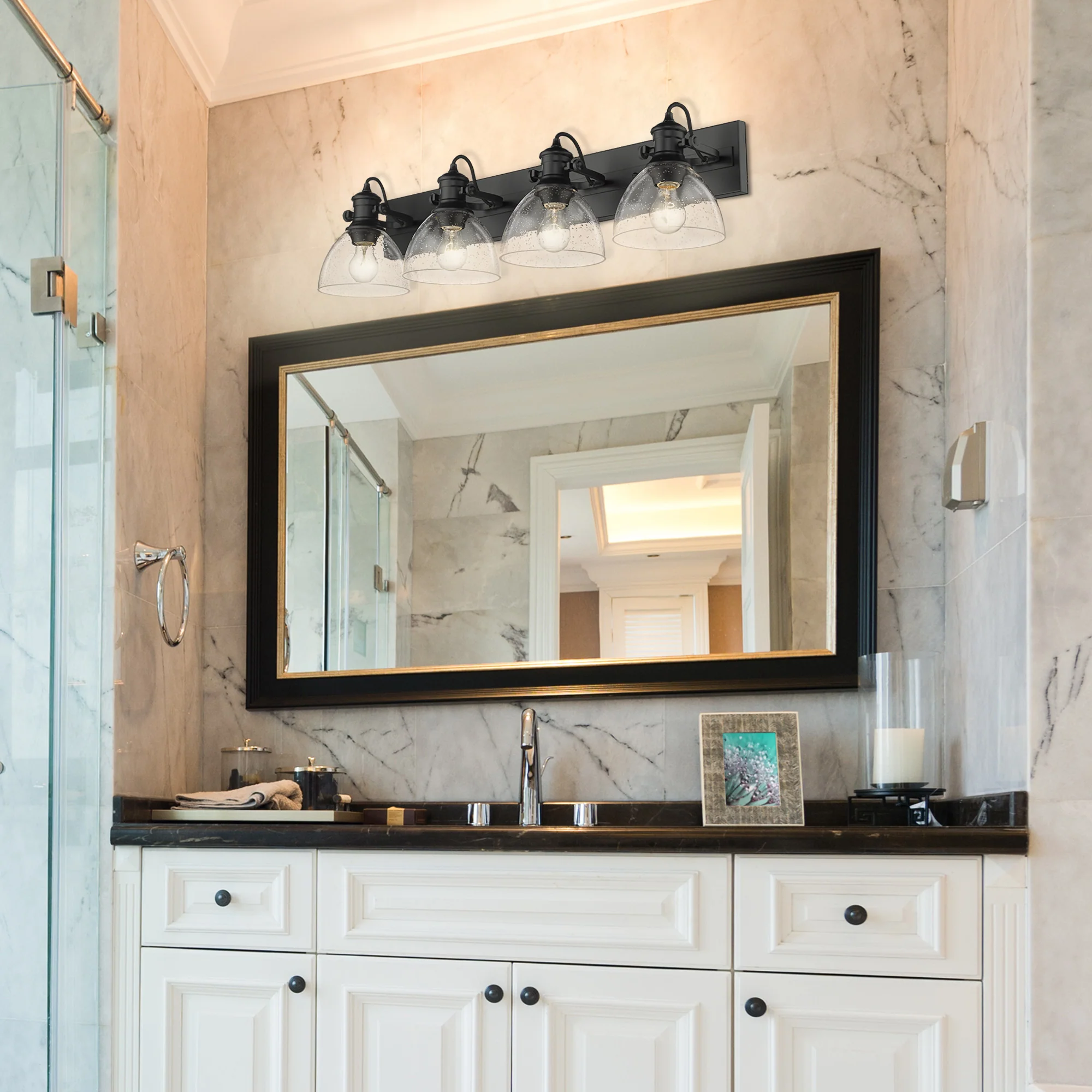Hines 4-light Vanity in Matte Black and Seeded Glass - Image 3