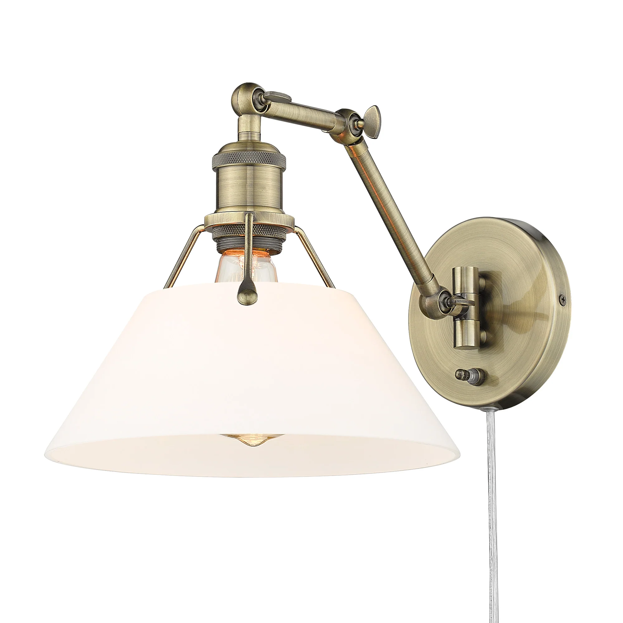 Orwell 1-light Swing Arm Wall Lamp in Aged Brass and Opal Glass