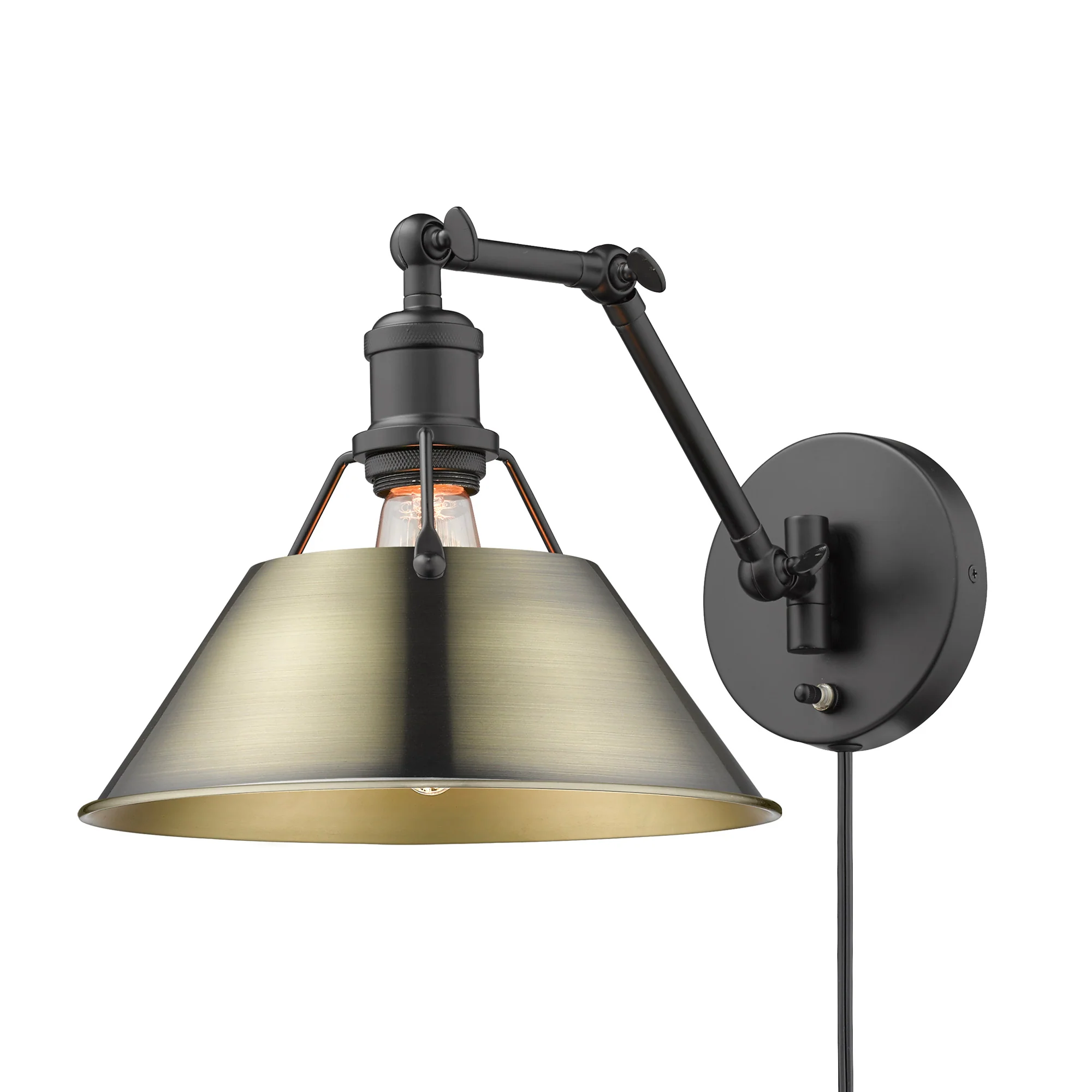 Orwell 1-light Swing Arm Wall Lamp in Matte Black and Aged Brass shade