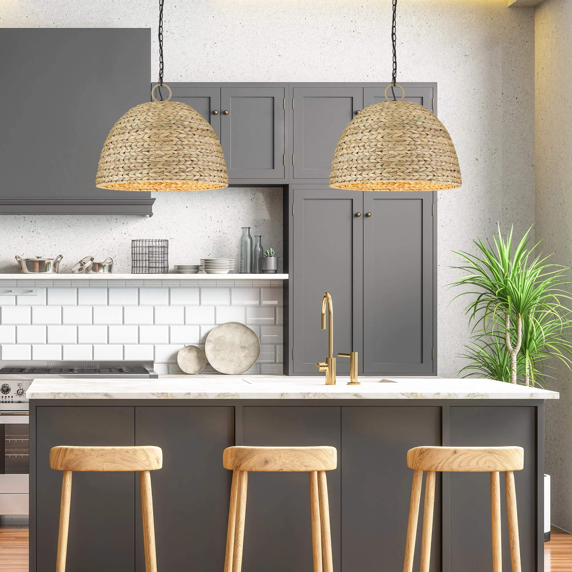 Rue 5-light Pendant in Matte Black and Woven Sweet Grass shade - Image 5