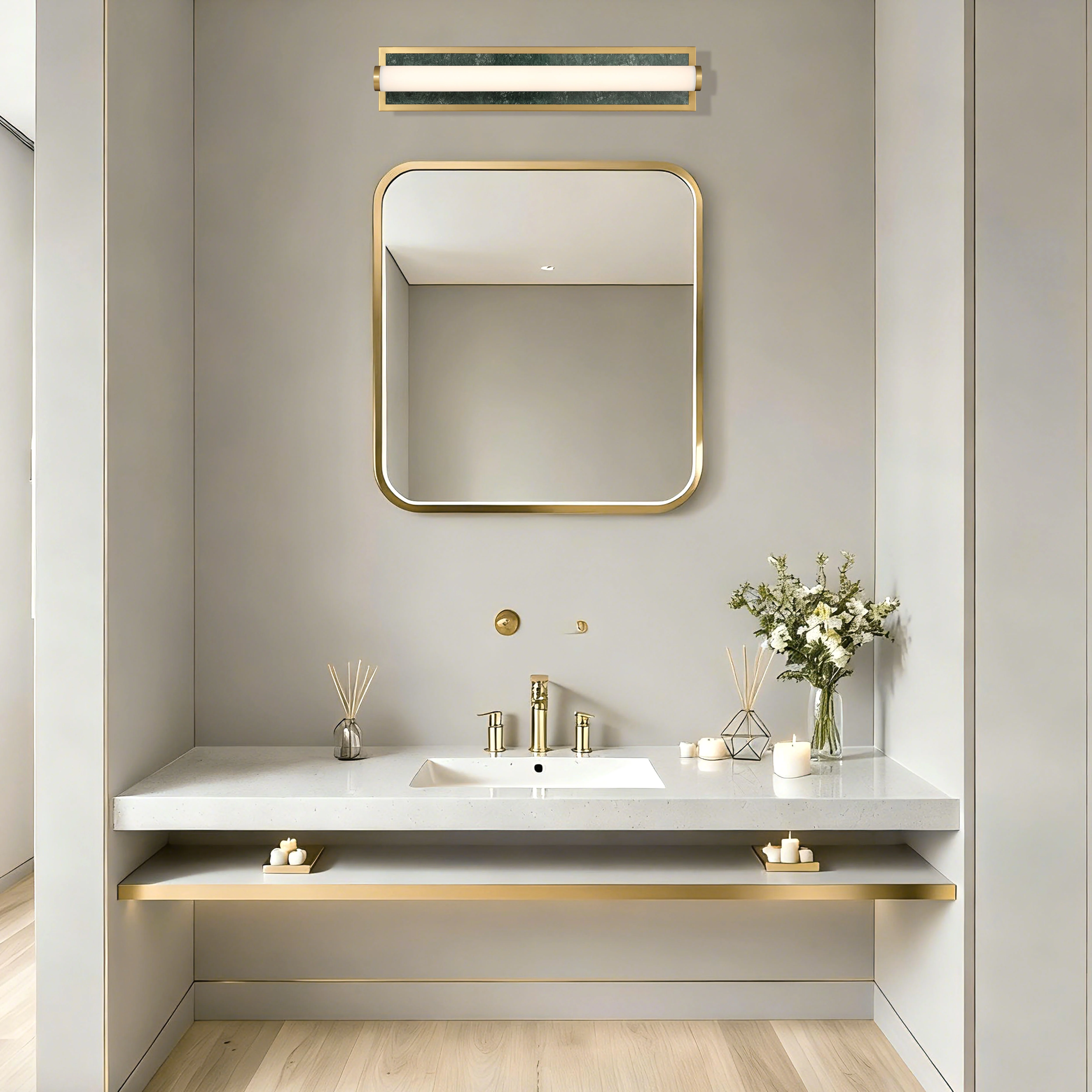 Stratum Integrated LED 24in Vanity in Brushed Champagne Brass with Persian Green Marble - Image 8